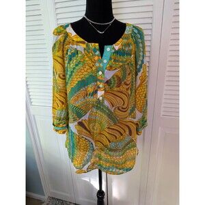 Trina Turk for Banana Republic Silk Top Womens 8P Tropical Aqua Swirl Mod Blouse